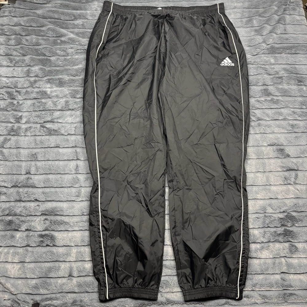 Adidas Mens Track Pants 2XL Black Nylon Wind Pants White Piping Athletic Joggers
